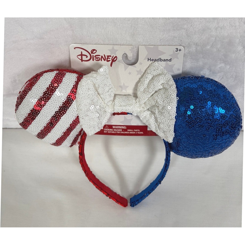 Disney Minnie Mouse Americana Patriotic Sequin Headband Red White Blue New